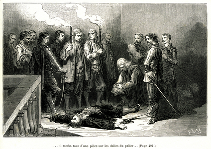 The fall and defeat of Vallombreuse. Engraving by Gustave Dore illustrating the picaresque novel of cape and epee by Theophile Gautier “” Le capitaine Fracasse””, edition Charpentier 1863.