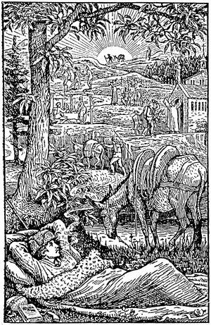 Travels with a donkey in the Cevennes (Travels with a donkey in the Cevennes) by Robert Louis Stevenson. of the evening, L'criveain dreves, during a night stop, near his danesse Modestine. Frontispice of the First English Edition (1879), wood of Walter Crane.