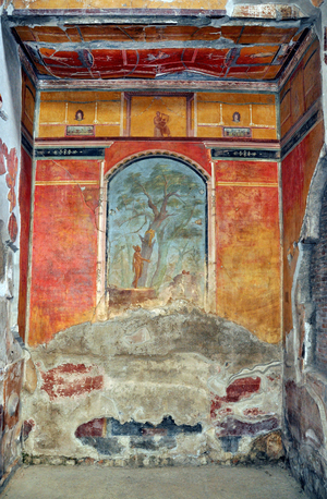 Oplontis, near Naples, Italy (Napoli, Italia): murals in Villa Poppaea - Roman fresco in the caldarium (or calidarium): Hercules in the garden of Hesperides surmounts by a harp player - Roman art - Photo Patrice Cartier -