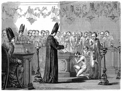 Bapteme among the Mormons in America in the 19th century. Drawing by David, after General Benett - Engraving of the journal “Tour du Monde””, 1863.