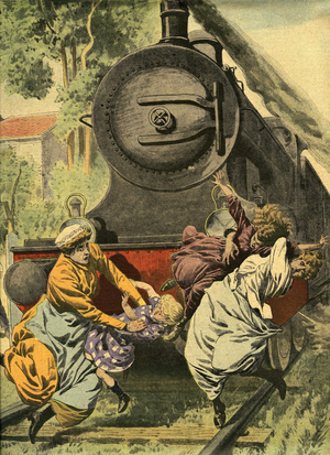 Cover illustration of the petit Journal (illustrated supplement) n°1126 of 16 June 1912:2 women and 2 children crashed by an express train. The guard wanted to avoid the accident to a mother and her child, but the locomotive launched at 90 km/h crashed all four people.