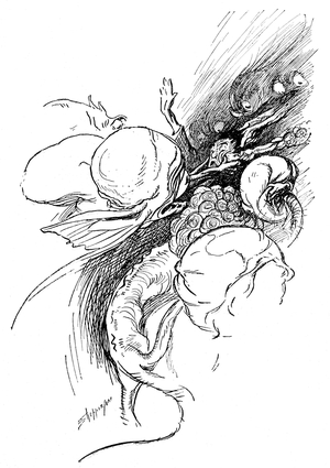 Illustration by Claude Shepperson (1868-1913) of the novel of anticipation (science fiction) by Herbert George Wells (H.G. Wells 1866-1946) “The First Men in the Moon”. Cavor is taken away by the Selenites. French edition Calmann-Levy 1913.