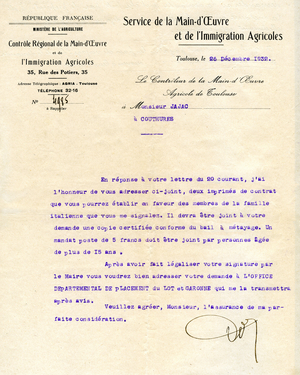 Italian immigration to France: letter from the Agricultural Manpower and Immigration Service (Ministry of Agriculture) for the establishment of contracts for the employment in France of agricultural workers from Italy, 26 December 1932 - official letter, contract, emigration, integration, family, family reunification, New Aquitaine, Lot and Garonne -