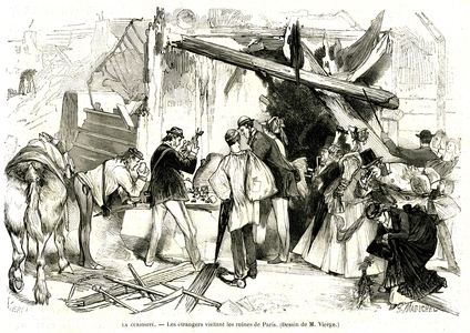 Morbid curiosity: Foreigners visit the ruins of Paris after the tragic events of the Commune, 1871 (engraving)
