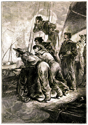 We will go to Valparaiso - Group of sailors (sailors) on the deck of a sailboat. Engraving by Benett for Jules Verne's book “The archipelago in fire””.