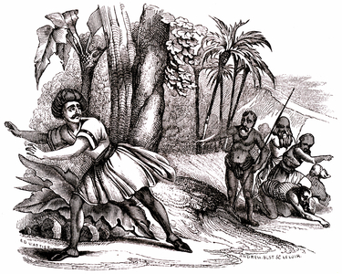 Sindbad the sailor (Sinbad) - tale of the thousand and one (1001) nights - fourth voyage: Sindbad escapes to wild anthropophages who would like to eat it - engraving by Edouard Wattier 19th century