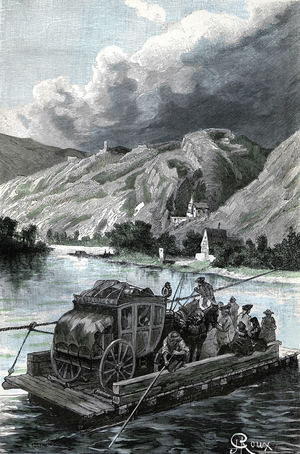 Illustration of Jules Verne's novel “” Le chemin de France””, Hetzel collection/Voyages extraordinaire 1887. Drawing by George Roux: a diligence, with his horses and passengers, passes the Elbe on a ferry.