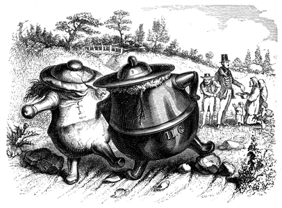 The earth pot and the iron pot: La Fontaine fable illustrated by Grandville. Edition Garnier 1860.