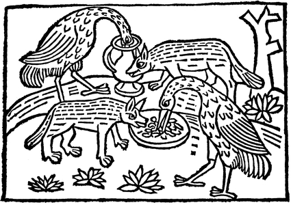 15th century grave wood illustrating a fable by Esop “the fox and the stork””, inspired by one of the fables of La Fontaine “the fox and the stork” -