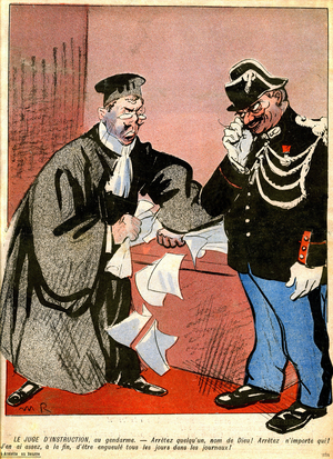 Justice and miscellaneous facts. The investigating judge to the constable: “” Arrest someone, for God's sake! Stop anyone, I'm tired of being yelled every day in the papers!” Drawing by Maurice Radiguet (1866-1941) for the French magazine “L'Plate au Butter”” n°284 of September 8, 1906.