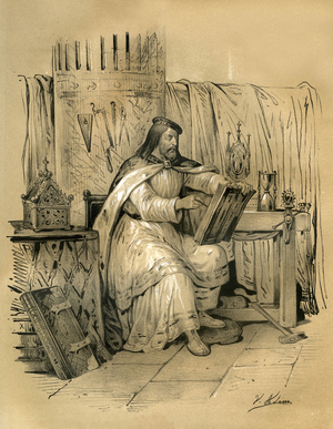 Saint Eloi (v.588-660) goldsmithing and tresorier of the king of the Franks Dagobert 1st, then eveque of Noyon from 641 to his death. Engraving by Victor Adam (1801-1866) in the book “France in the Middle Ages” published by the Ardant brothers in the middle of the 19th century.