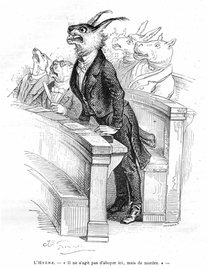 Grandville engraving, extracted from the book Private and Public Life of Animals (Les animaux ints par them memes), edition Hetzel 1867 - Caricature of a human political assembly - In the travees occupied by various animals (dogs, donkey, hippo...), a hyena makes a hate speech: It is not a question of barking, but of biting.