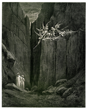 L'Hell (La divina commedia) by Dante Alighieri illustrated by Gustave Dore. Edition Hachette 1861. French translation by Pier-Angelo Fiorentino. Dante et Virgile face aux demons: Appena furo i pie suoi giunti al letto - Del fondo giu, ch'ei giunsero in sul glue - Sovresso noi... (hardly had he touched the foot of the pit, that the demons appeared on the hill above our heads) - Twenty-third song (Song 23 - XXIII) - (ca. 52, 53, 54).