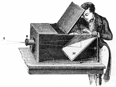 camera obscura, a device used by painters whose principle is the origin of the invention of photography. Engraving 19th century.