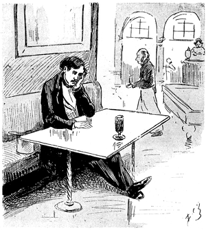Lonely man bored in front of his glass in a cafe - loneliness - boredom - drink - illustration by Bertall for Paul de Kock's novel “” Jean” - Edition Rouff late 19th/early 20th century