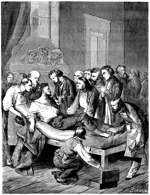 First surgical operation with sulfuric ether anesthesia at Boston Hospital by William Morton, 19th century (engraving)