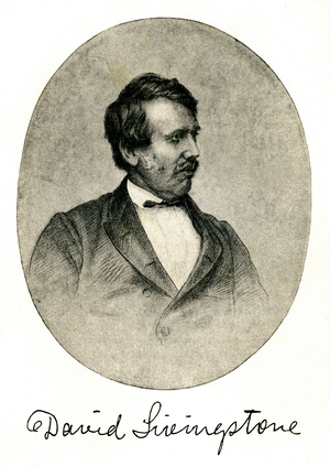 Portrait and signature of the British Protestant explorer and missionary David Livingstone (1813-1873) in a book on Africa, early 20th century.