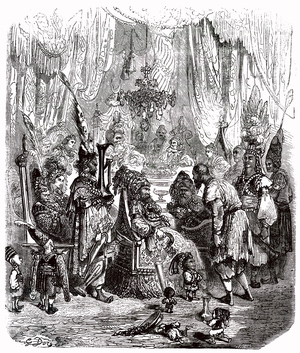 Sindbad the sailor (Sinbad) - tale of the thousand and one (1001) nights - illustration by Gustave Dore - Maxwell edition 1865 - Prologue: a poor bearer (Hinbad) presents himself before Sindbad, who has become old and rich. The latter will tell his adventures - see details of this scene: GUT5106 -