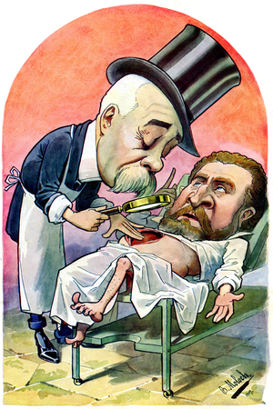 Dr. Georges Clemenceau examining Jean Jaures's open belly, 1907 (print)