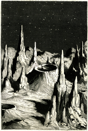 Lunar landscape. Engraving depicting the soil of the Moon in the work of Camille Flammarion “L'atmosphere”” 1871.
