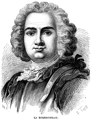 Bertrand-Francois Mahe de La Bourdonnais (1699-1753), French admiral, administrator at the service of the Compagnie francaise des Indes Orientales and governor of the Mascareignes - engraving of the book “Les colonies perdues” by Charles Canivet - bookshop Furne & Jouvet 1896 - French colonies, colonialism -