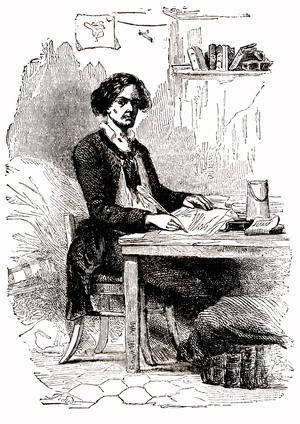 One of the characters of the Human Comedie of Honore de Balzac (1799-1850): Lucien de Rubempre (Lost Illusions) writing in his room. Engraving mid 19th century.