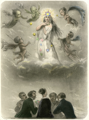 Allegory of a young woman surrounded by 4 sighers, who compares herself to a planet around which four satellites gravitate, one of which will become her sun. Grandville engraving illustrating a chapter in Mery's book: “The Stars”, 1849.