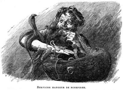 Scorpion-eating derviche and snake charmer - cobra - engraving of the “Journal des voyages", 1886