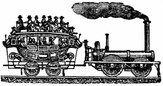 One of the first passenger trains: the driver of the steam locomotive stands outside, standing at the rear of the machine, the two-stage car still offers the appearance of a diligence. Anonymous engraving 19th century without precise date.