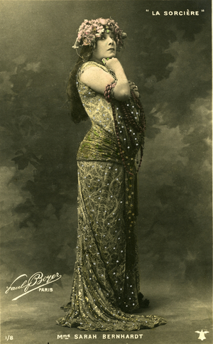 Henriette Rosine Bernard aka Sarah Bernhardt (1844-1923) in the costume of Zoraya, her role in “The witch”, play by Victorian Sardou, 1904. (b/w photo)