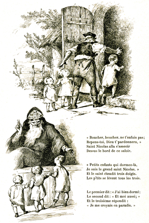 The legend of Saint Nicholas: song “They were three little children”” illustrated by L. Nehlig in the book “” Chansons et rounds enfantines”, Garnier 19th century edition. The Saint revives the three toddlers who had been killed and cut into pieces by a terrible butcher.