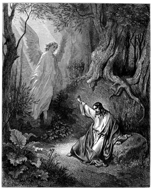 Jesus on the Mount of Olives: an angel appears to him to give him courage - Illustration by Gustave Dore for The Bible -