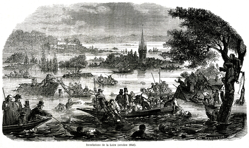 Flood of the Loire, October 1846. Rescue of survivors around houses invaded by flood waters in 1864