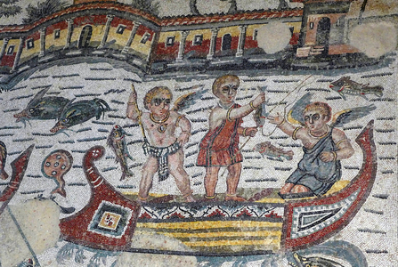 Sicilia, Italia (Sicily, Italy): Roman Art: - mosaic detail: putti in fishermen in a boat - angel sinner - 315-350 AD Piazza Armerina, Villa Romana del Casale- Roman villa - Photo Patrice Cartier -