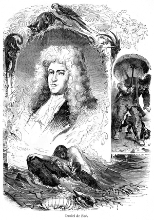 Portrait of writer Daniel Defoe (De Foe) surrounds scenes from illustrations of his masterpiece: the adventures of Robinson Crusoe. Engraving from “” Literary and Historical Talks” by Jules Janin, Delagrave 1885.