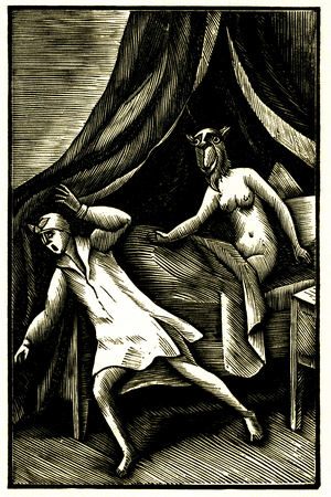 Illustration (grave wood) by Henry Bischoff (1882-1951) for the fantastic novel “Le Devil amoureux” by Jacques Cazotte (1719-1792). Edition Cres 1920. To the great fear of her lover Alvare, the charming Biondetta takes up the appearance of the terrible Belzebuth, with her horrible camel head - monster - demon - apparition