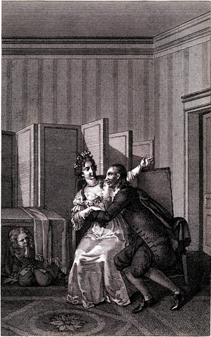Scene of the piece by Moliere Le Tartuffe (Tartufe), 1824 (engraving)