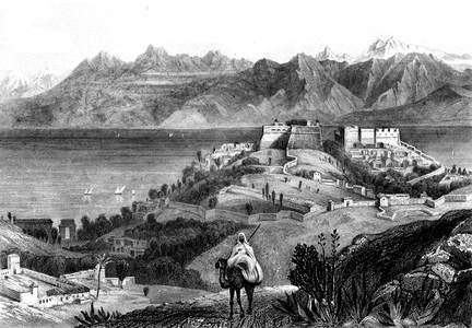 Candle and the Atlas: Algerian landscape - engraving mid 19th century - illustration by Raffet for the book “L'Algerie ancienne et moderne” by Leon Galibert, edition Furne 1844 -