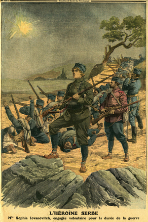 A Serbian heroine: Sophia Yovanovich, 19, joined the army at war against the Turks, to take an oath to her father on his deathbed. Her fiance, a young engineer, has engaged with her and is at her side on this engraving. The girl was cheered by the people when she entered Uskub and the Turks themselves paid tribute to her courage. Last cover of the Supplement Illustrious du petit Journal n° 1150 of 1 December 1912.