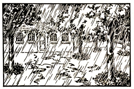 falls, falls rain... showers on a house. Engraving from a school book (elementary reading) beginning of the 20th century.