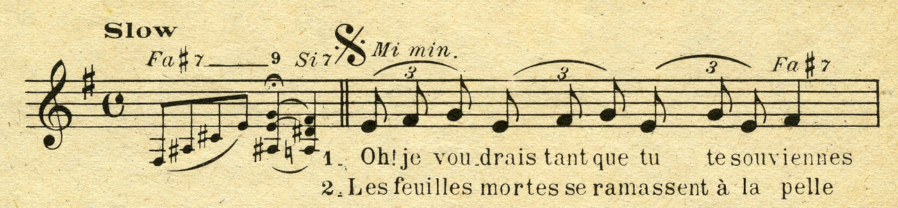 detail of the period score, lyrics and music (Enoch 1947 edition) of the song by Jacques Prevert and Joseph Kosma “” Les feuilles mortes””, created in 1946 by Yves Amounte.