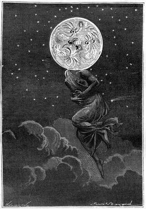 Engraving (by Emile Bayard) of Jules Verne's book Around the Moon (Hetzel edition/Voyages extraordinaire 1870): “” the moon personified with a young woman's body... suffering from a colic! “”