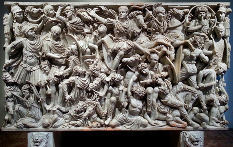 Sarcophagus Ludovisi in marble with battle scene between the Romans and the barbarians ostrogoths