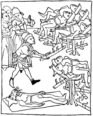 Persecution, martyrdom, torment of Jews. The tortured Jews are tied to the wheel and wear sharp hats. The obligation to wear a distinctive hat and a yellow badge dates from the 4th Lateran Council (1215). It was extended at the end of the Middle Ages to almost all of Europe and maintained in Germany until the 18th century. Engraving from a manuscript from the late Middle Ages.