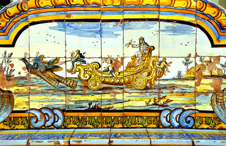 Naples, Italy (Napoli, Italia): chiostro maiolicato, monastero di Santa Chiara - majolic cloister (of faience) of the monastery of Santa Chiara, mid-18th century - majolic decorees of mythological scenes, polychrome maritime fields, due to ceramists Donato and Giuseppe Massa - the goddess Junon (Hera) in tank pulls by two peacock - Photo Patrice Cartier -