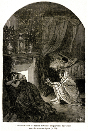 Illustration by Horace Castelli (1825-1889) for the novel by Emile Zola “” Therese Raquin””. Laurent and Therese got married after killing Therese's first husband, Camille. But the specter of the latter disturbs the wedding night of the murderer couple. Crime - remorse - punishment. Engraving of the Edition Charpenter-Fasquel 1906.