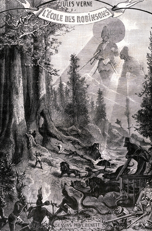 Frontispice of the novel by Jules Verne “L'Ecole des Robinsons””, Hetzel collection/Voyages extraordinaire 1882. Drawing by Leon Benett, paying tribute, at the top right, to the Robinson and Friday by Daniel de Foe or Defoe (1660 - 1731).