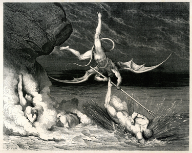 L'Hell (La divina commedia) by Dante Alighieri illustrated by Gustave Dore. Edition Hachette 1861 - Demon - French translation by Pier-Angelo Fiorentino.... Si mosse, e grido: Tu se 'giunto! (he elanced and shouted: I have him!) - Twenty-second song (Chant 22- XXII) - (ca. 126).