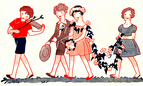 Group of children imitating a wedding cortege with music and garland of flowers, 1933 (print)