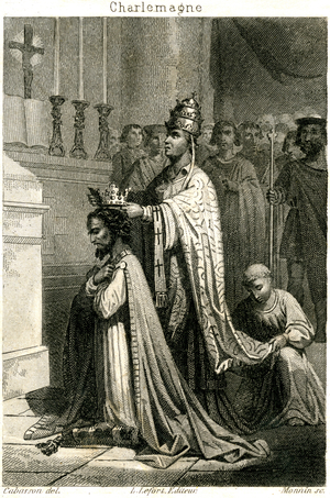 Charlemagne is the crown Emperor of the West by Pope Leon III on Christmas Day of the year 800. Engraving by Alphonse Cabasson (1814-1884).